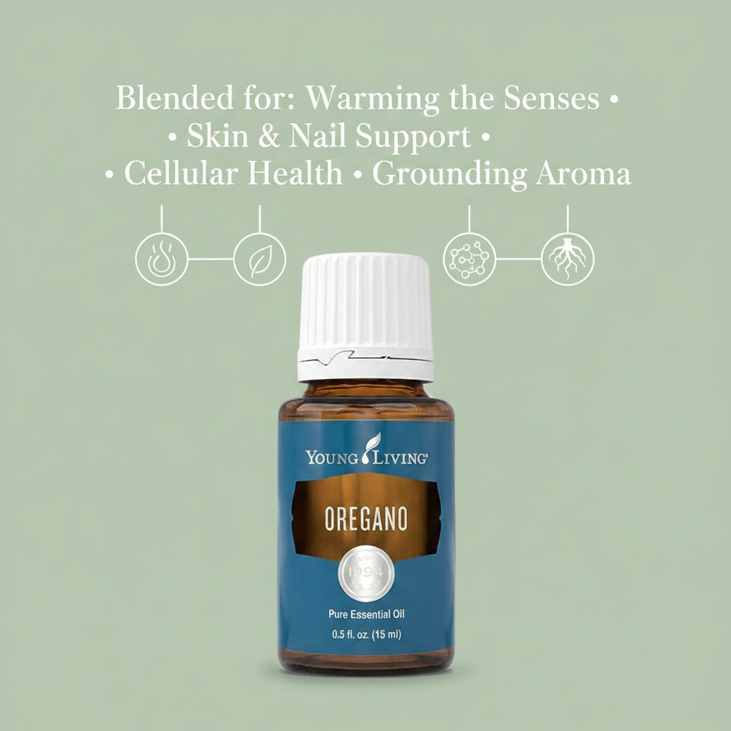 Oregano essential oil infographic - Blended for Warming the Senses, Skin and Nail Support, Cellular Health, Grounding Aroma
