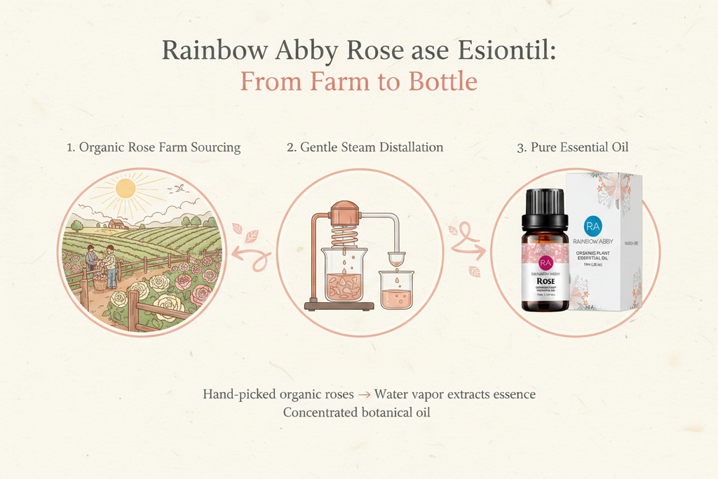 Rose Essential Oil sourcing process infographic