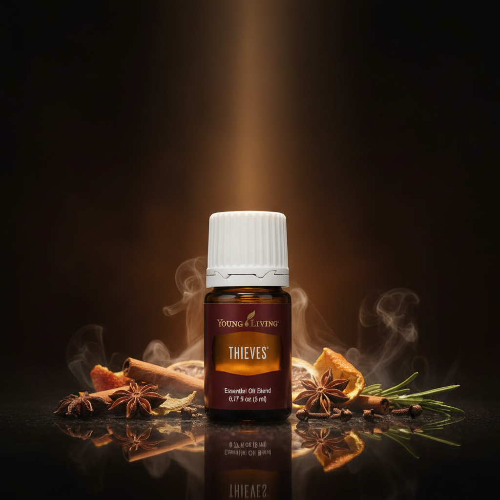 Thieves Essential Oil Blend luxury dark background