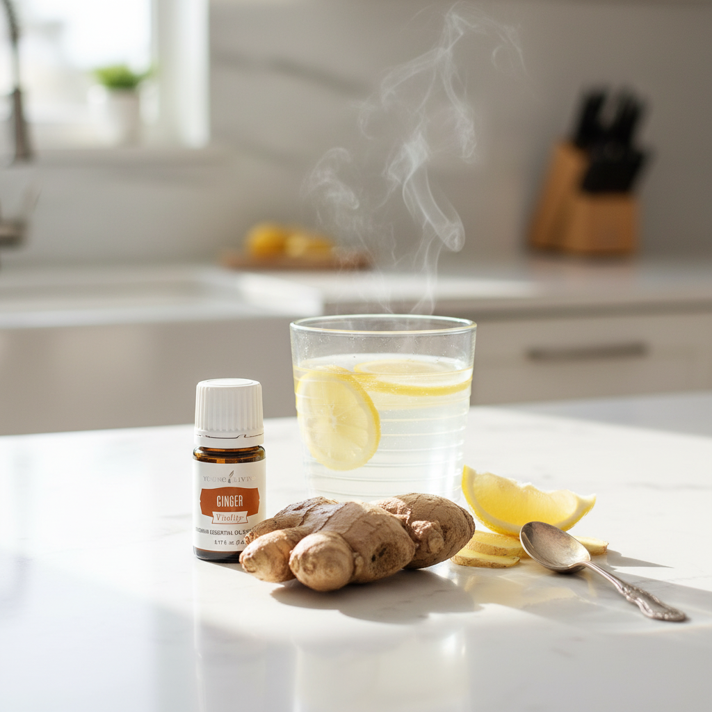 Ginger Vitality bottle next to warm lemon ginger water for digestive morning routine