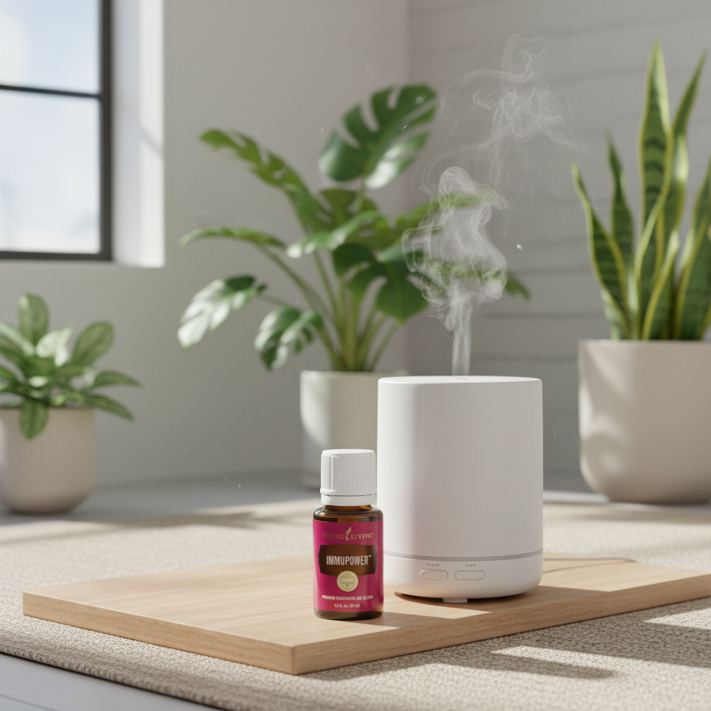 ImmunPower bottle next to ceramic diffuser with mist in bright wellness room with green plants