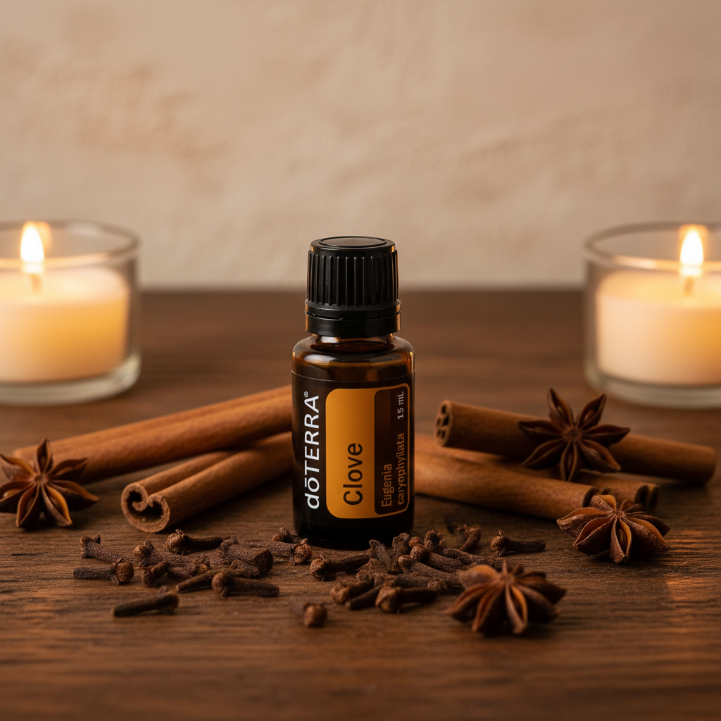 doTERRA Clove Essential Oil on rustic wood with whole cloves, cinnamon sticks and candlelight