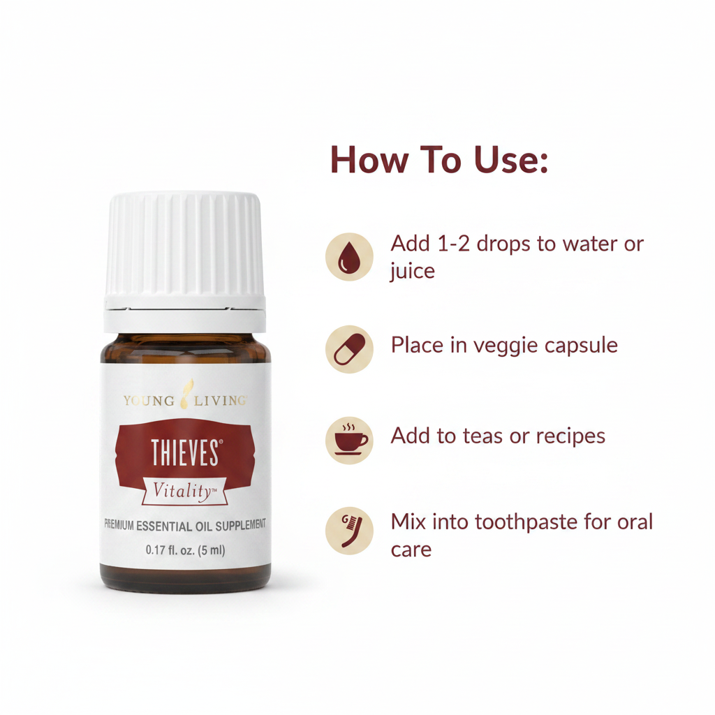 Thieves Vitality how to use infographic - Add to water, Veggie capsule, Culinary, Oral care