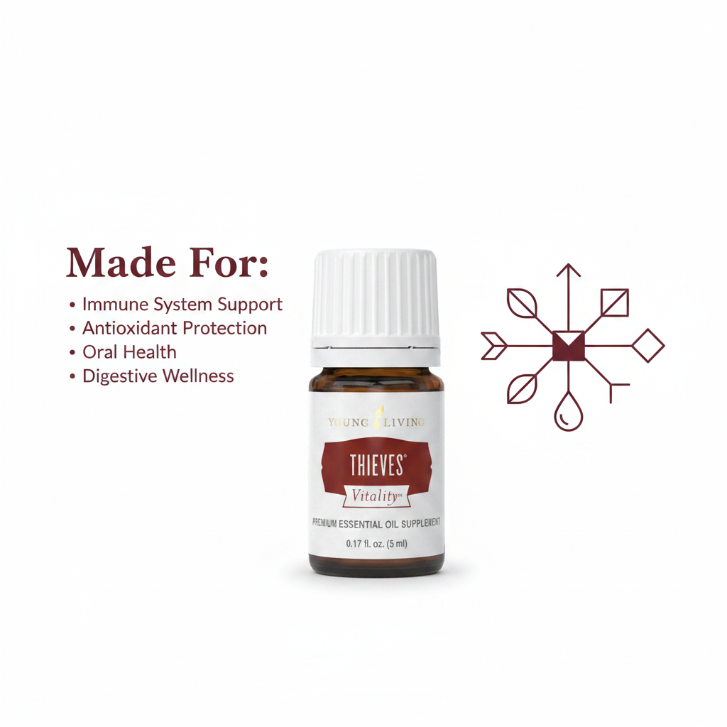 Thieves Vitality infographic - Made For Immune Support, Antioxidant Protection, Oral Health, Digestive Wellness
