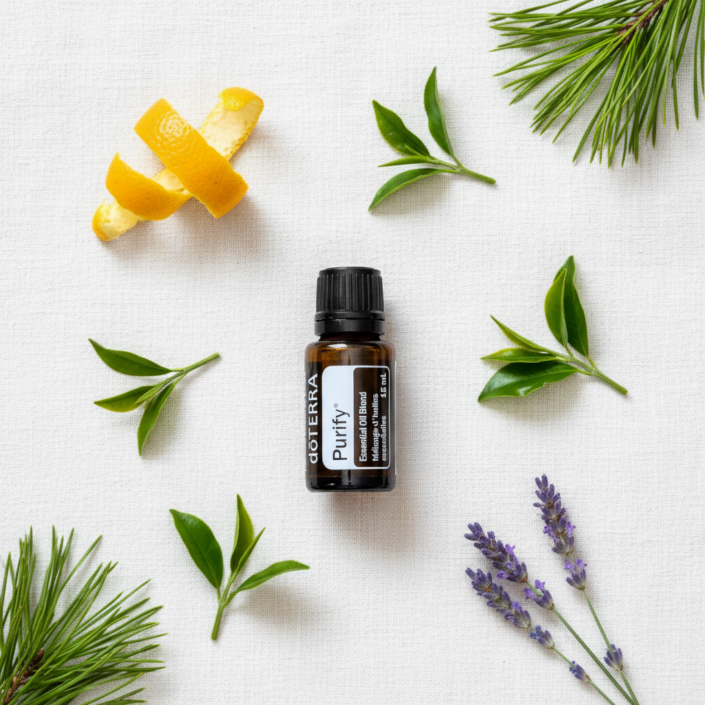 doTERRA Purify botanical flat lay top-down view on white linen