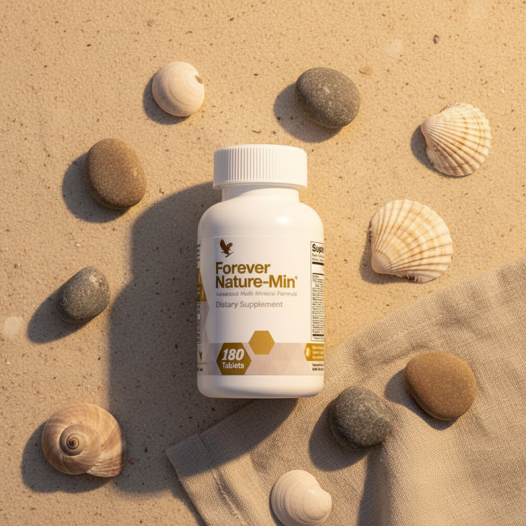 Forever Nature-Min 180 tablets bottle on sandy beige with ocean stones