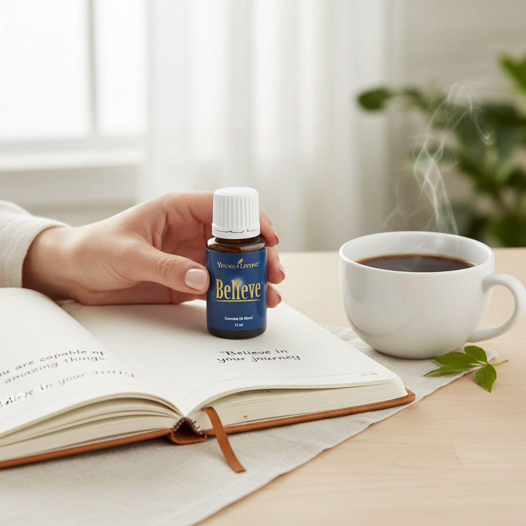 Believe essential oil with journal and coffee