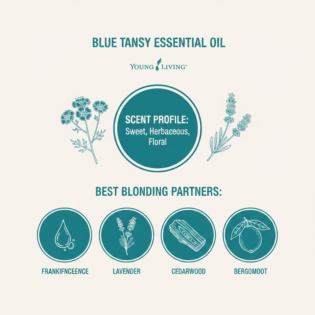 Young Living Blue Tansy Essential Oil scent profile and blending guide infographic