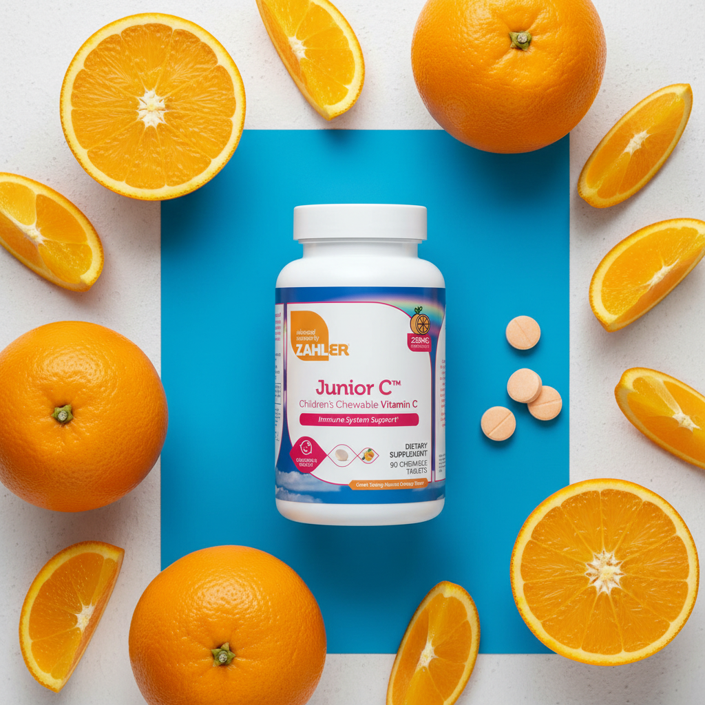 Junior C flat lay with orange slices and chewable tablets