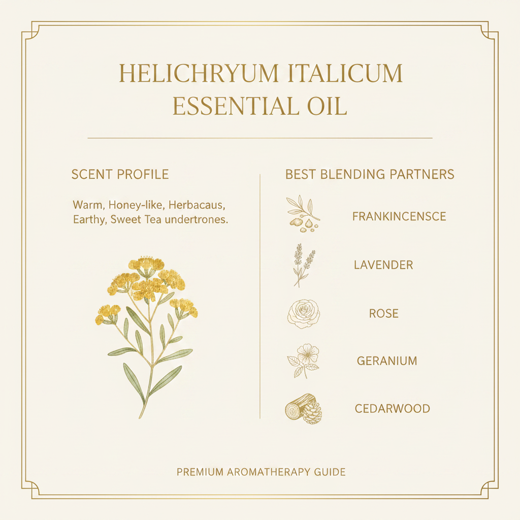 Young Living Helichrysum Essential Oil scent profile and blending guide infographic