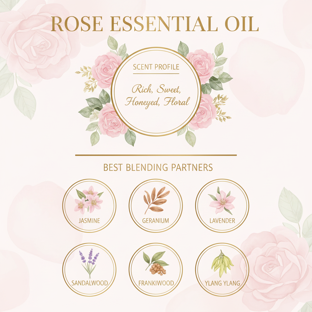 Edens Garden Rose Essential Oil scent profile and blending guide infographic