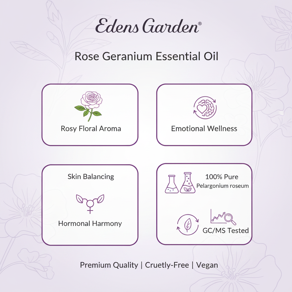 Edens Garden Rose Geranium Essential Oil benefits infographic
