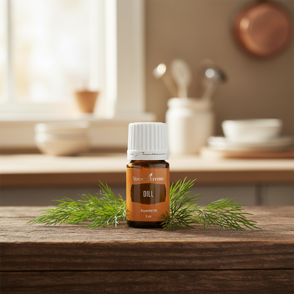 Dill Essential Oil rustic wooden surface wellness scene