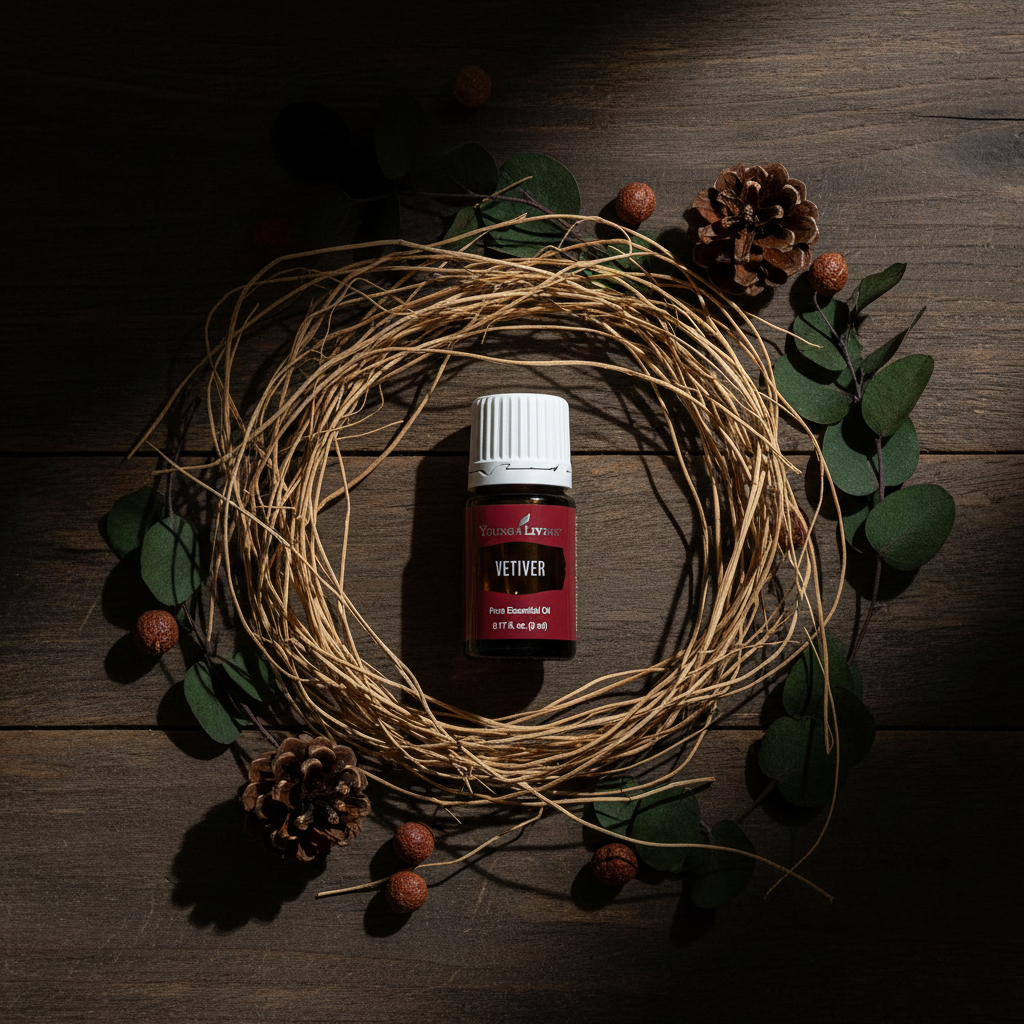 Vetiver bottle on dark wood with dried vetiver grass roots and earthy botanicals