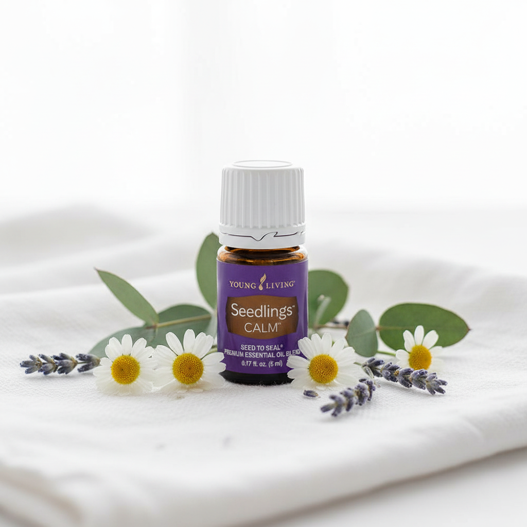 Seedlings Calm essential oil bottle with white flowers and soft green leaves