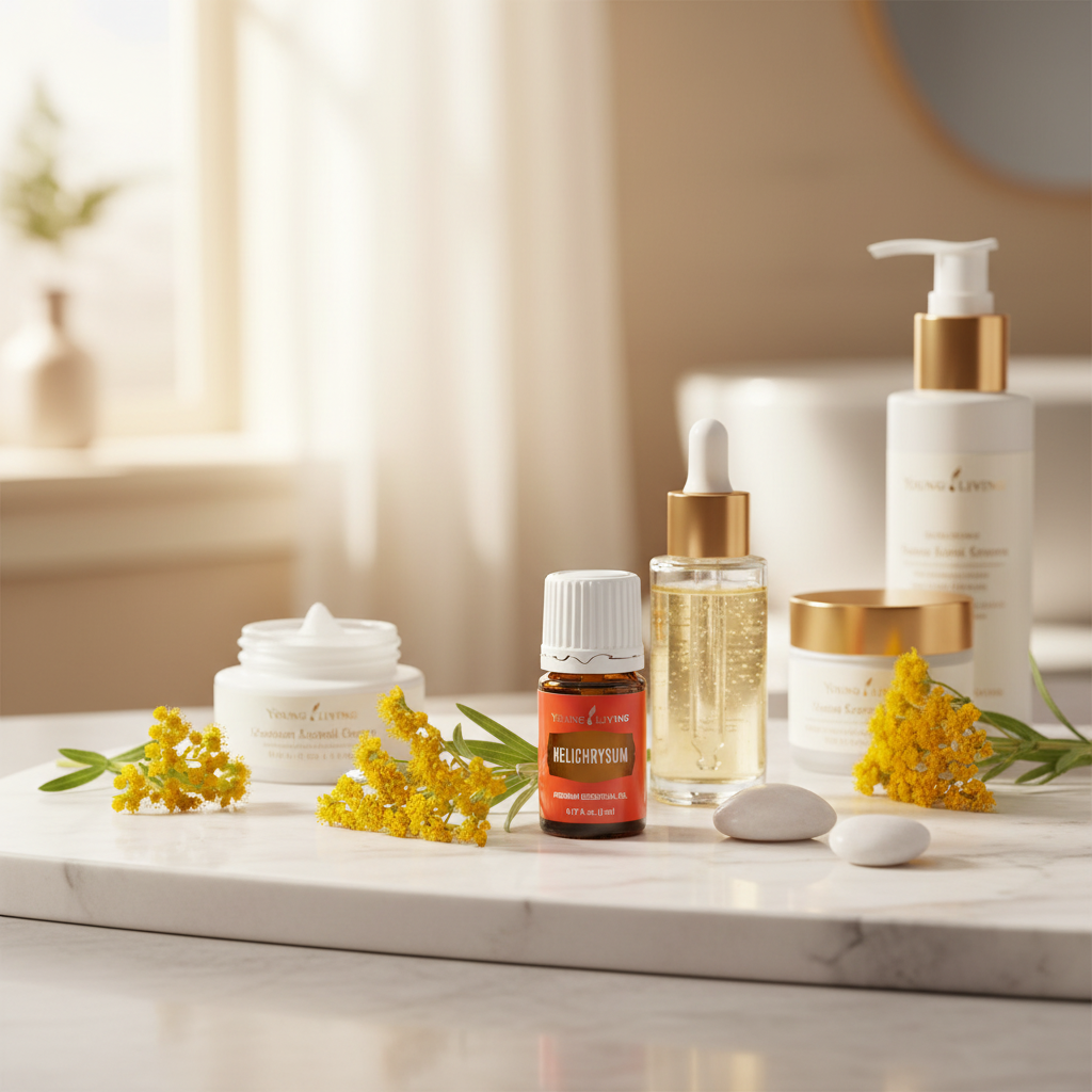 Young Living Helichrysum Essential Oil with anti-aging skincare products on marble vanity