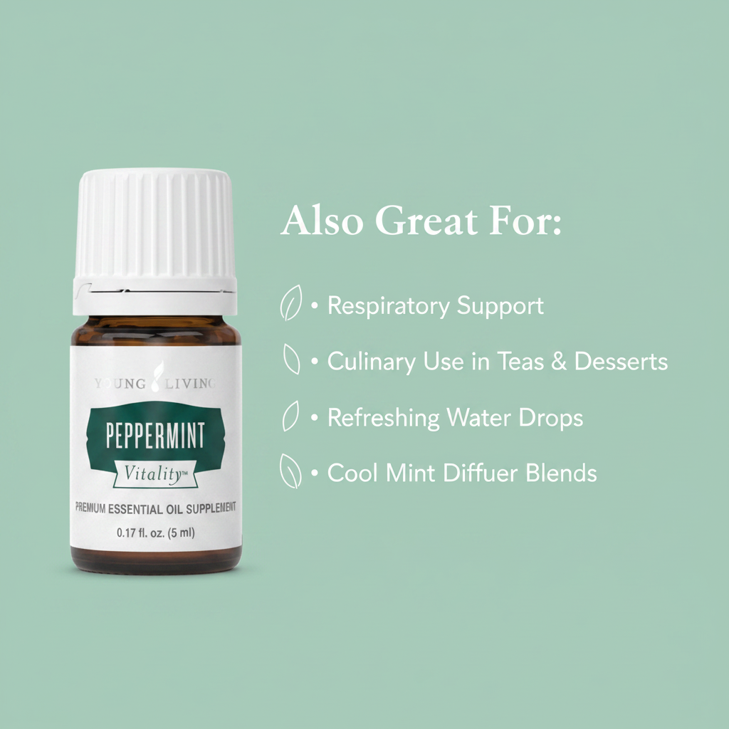 Peppermint Vitality infographic - Also Great For Respiratory Support, Culinary Use, Water Drops, Diffuser Blends