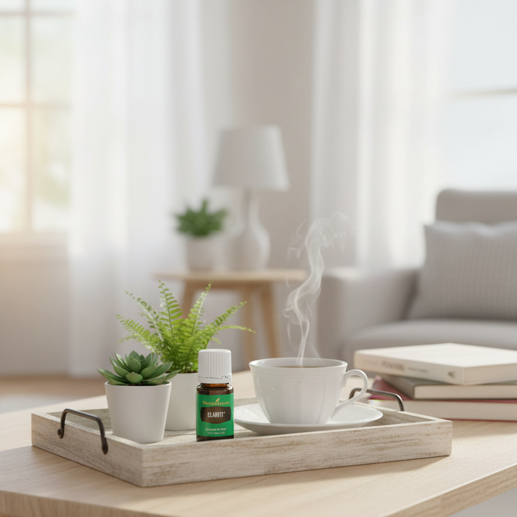 Clarity bottle on wooden tray with plants and tea — morning wellness routine