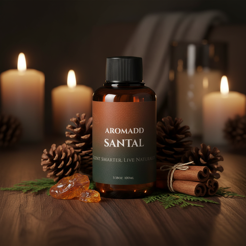 Santal bottle on dark walnut wood with pine cones, cinnamon and amber resin