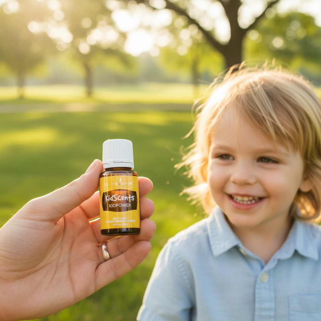 Parent holding KidPower essential oil with child outdoors