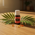 Elemi oil on wood surface with tropical leaves