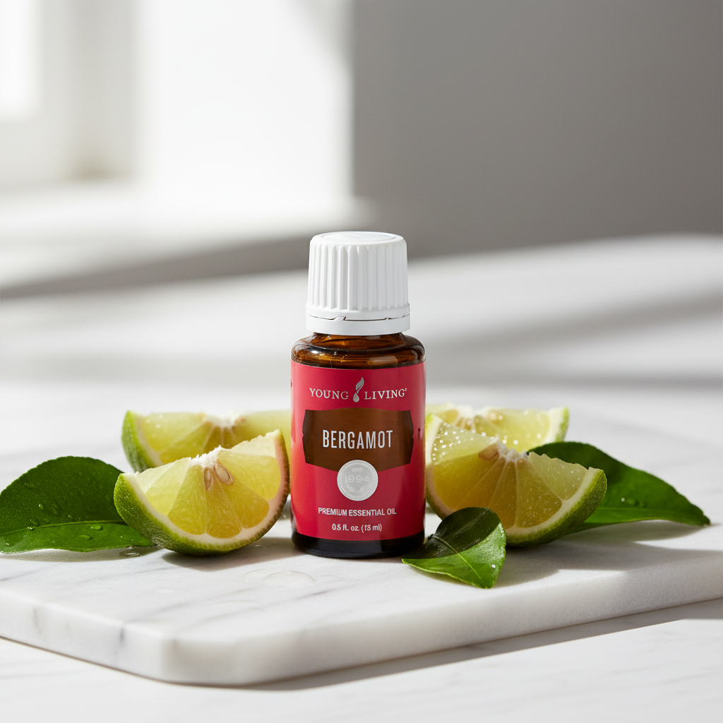Bergamot essential oil with citrus fruit on marble