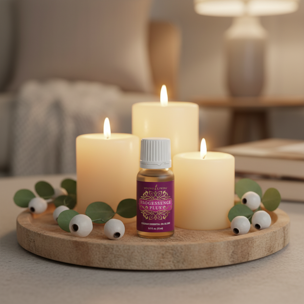Progessence Plus on wooden tray with candles and eucalyptus