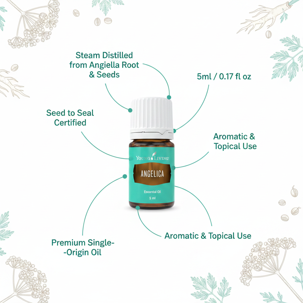 Angelica essential oil key benefits infographic