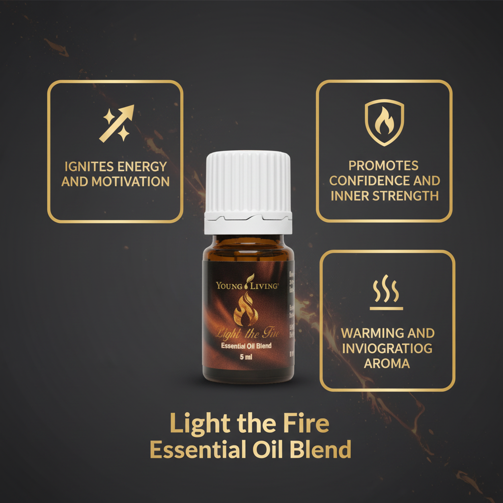 Light the Fire Essential Oil key benefits infographic
