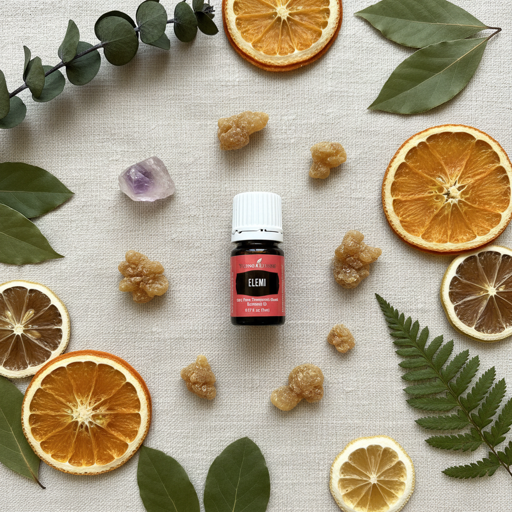 Young Living Elemi flatlay with frankincense resin dried citrus and crystal on cream linen