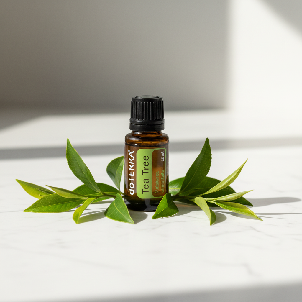 doTERRA Tea Tree Essential Oil on marble with green leaves