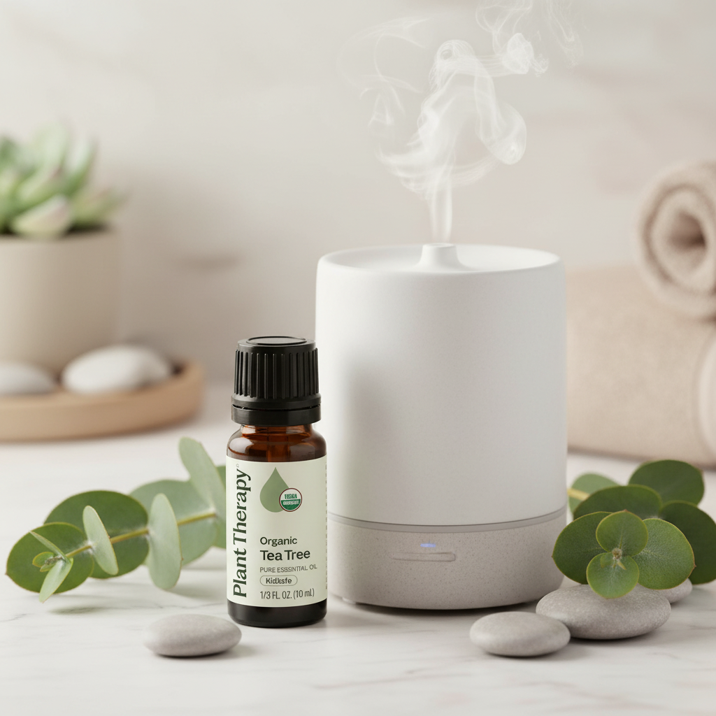 Plant Therapy Organic Tea Tree Essential Oil beside diffuser on marble