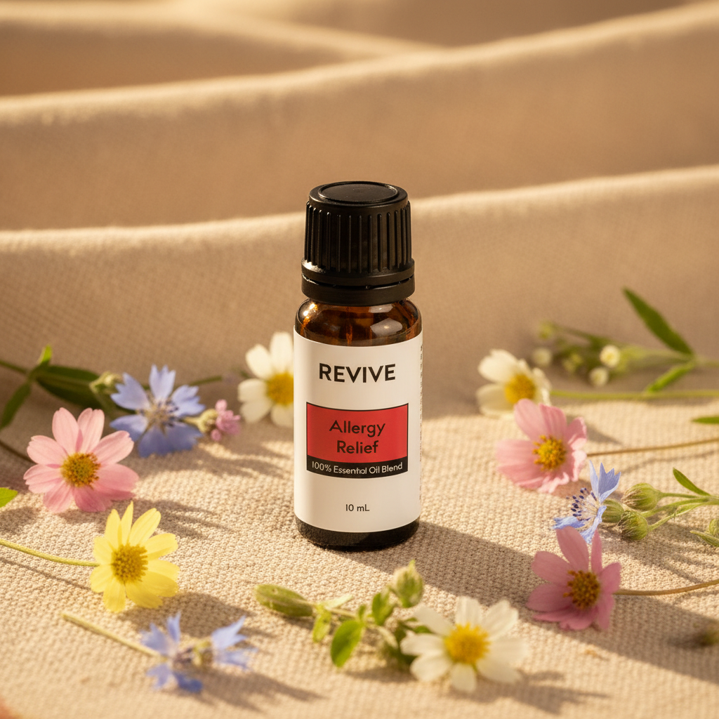 Revive Allergy Relief oil on sandy beige with wildflowers