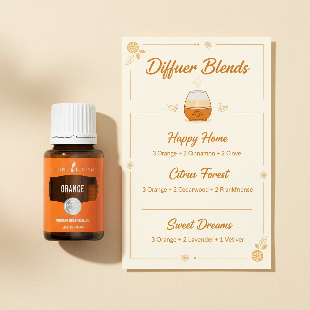 Orange diffuser blends infographic - Happy Home, Citrus Forest, Sweet Dreams