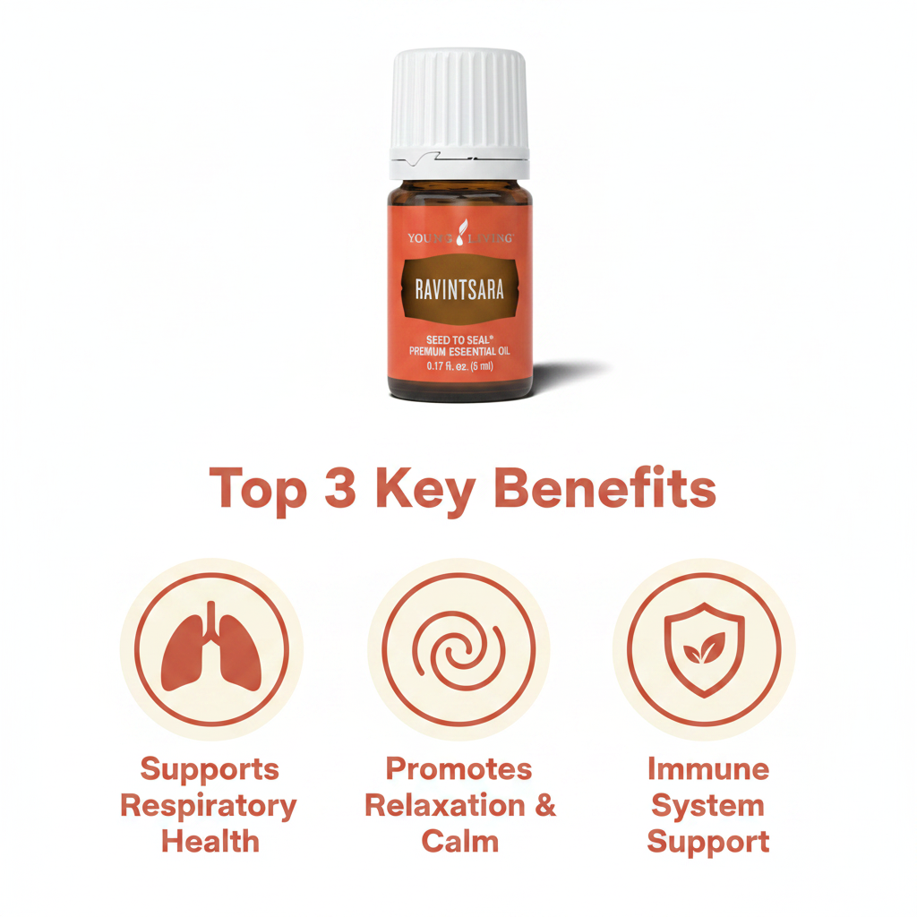 Ravintsara Essential Oil key benefits infographic — respiratory, relaxation, immune support