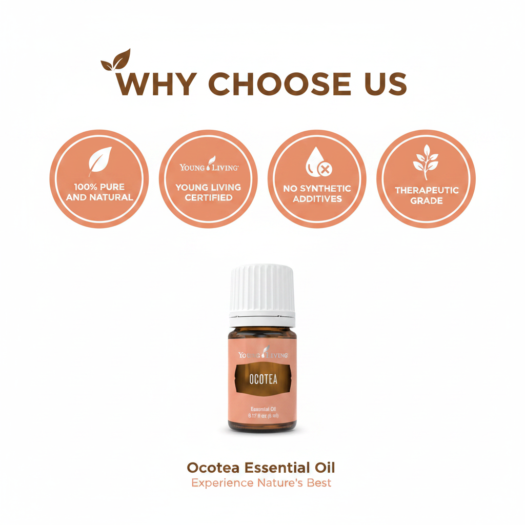 Ocotea Essential Oil quality badges infographic