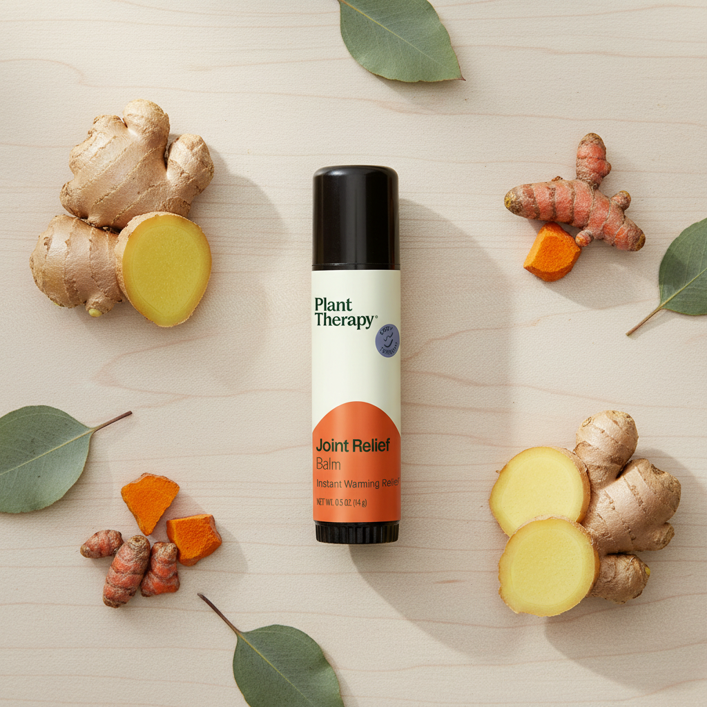 Plant Therapy Joint Relief Balm with ginger turmeric and eucalyptus on wood
