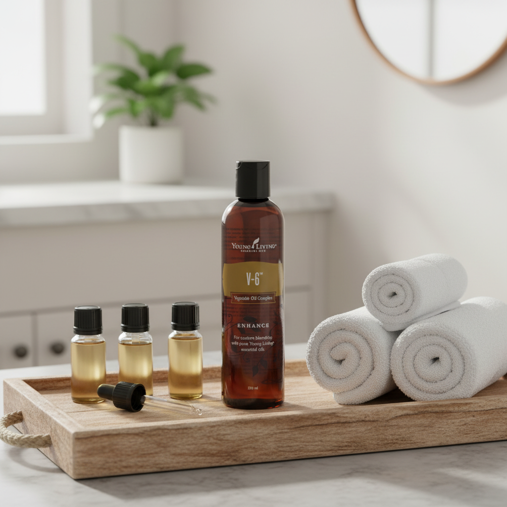 V-6 Vegetable Oil Complex spa blending scene with essential oil bottles