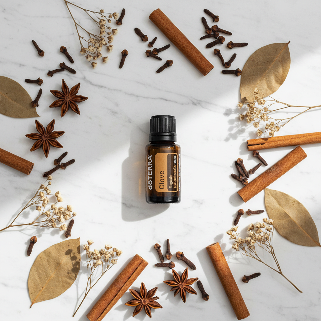 doTERRA Clove Oil flat lay with botanicals