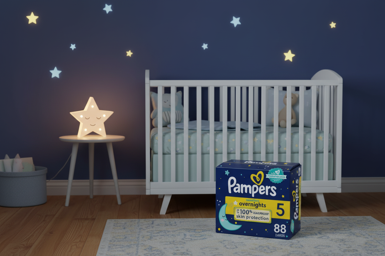 Pampers Swaddlers Overnights Size 5 diapers nighttime nursery lifestyle scene