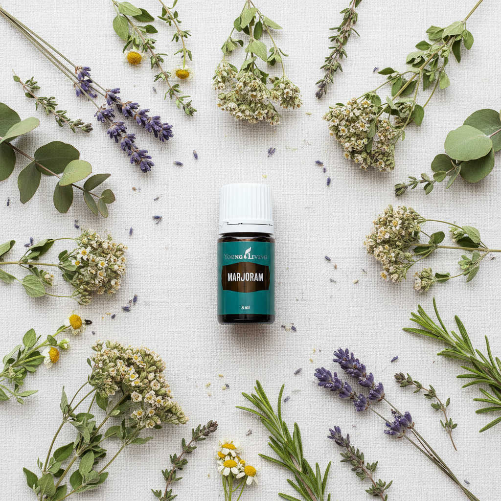 Marjoram bottle botanical flat lay on white linen