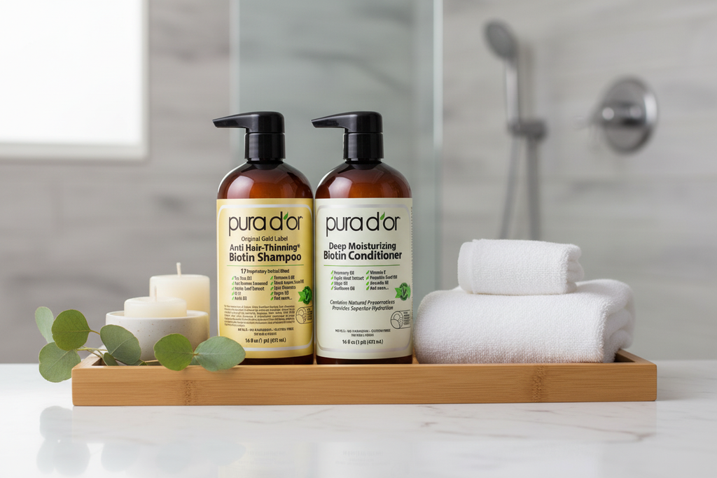 PURA D'OR Biotin Shampoo and Conditioner in luxury spa setting