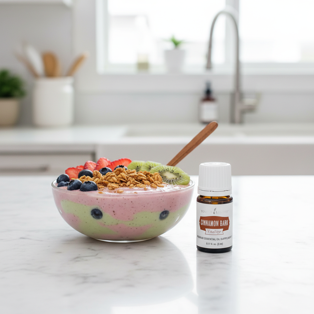 Cinnamon Bark Vitality next to smoothie bowl healthy morning routine