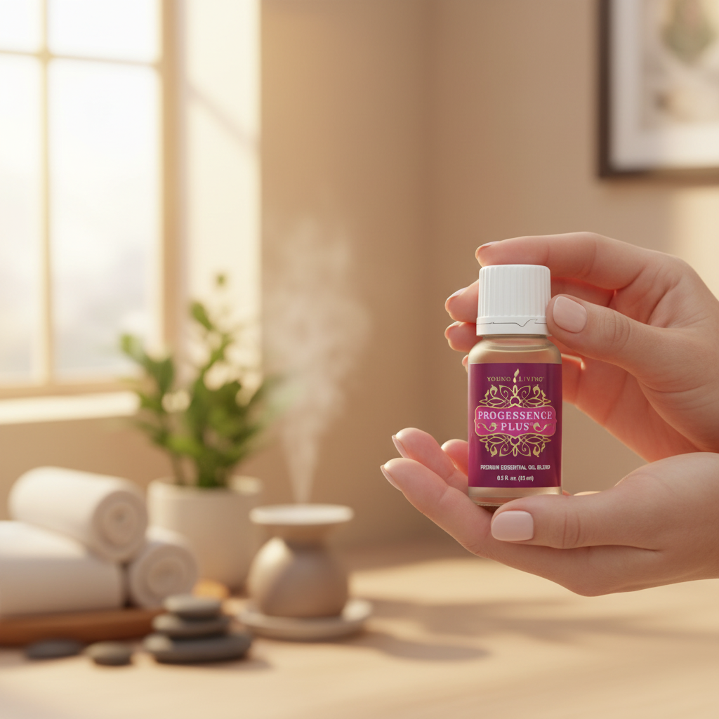 Woman holding Progessence Plus bottle