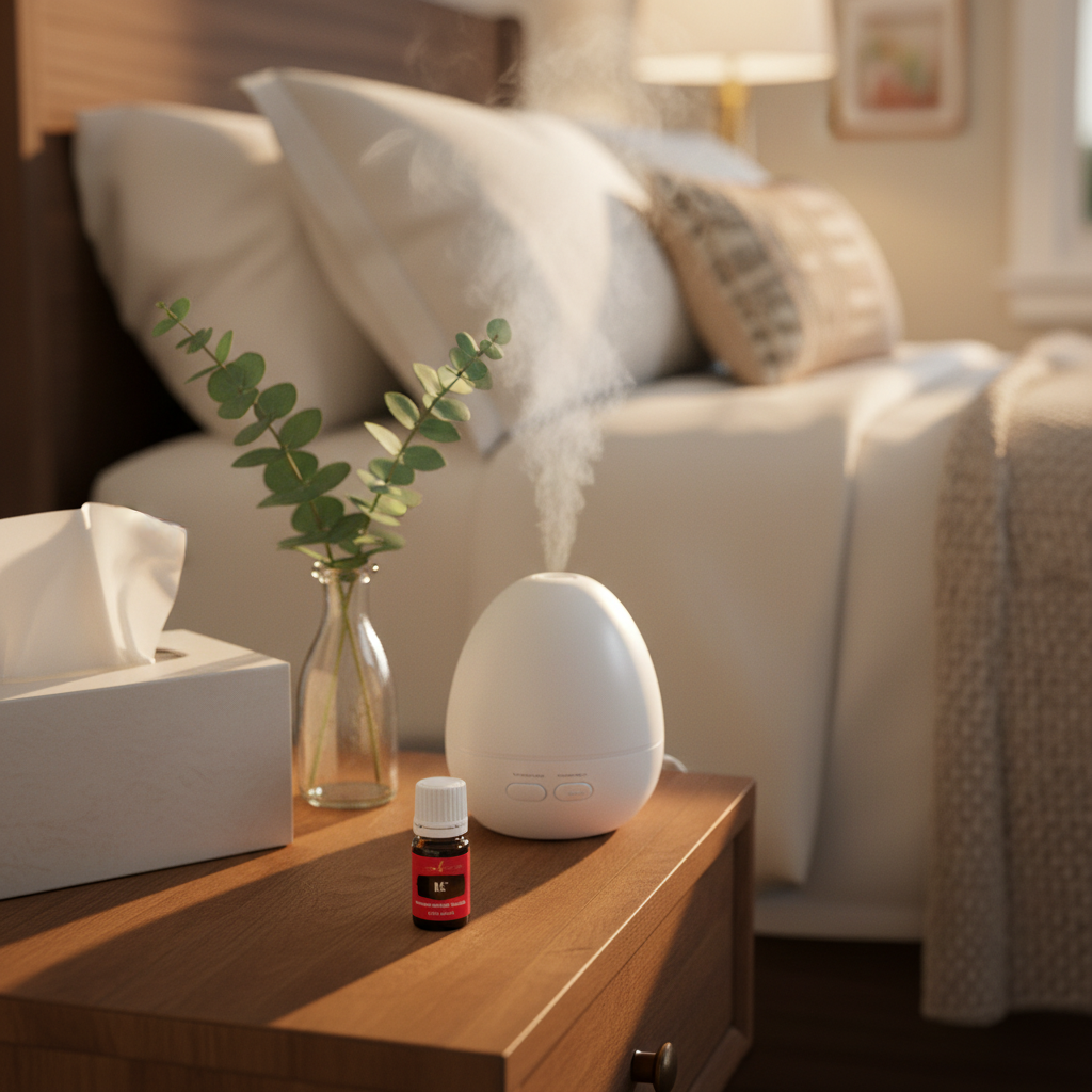 R.C. essential oil on bedroom nightstand with eucalyptus and humidifier