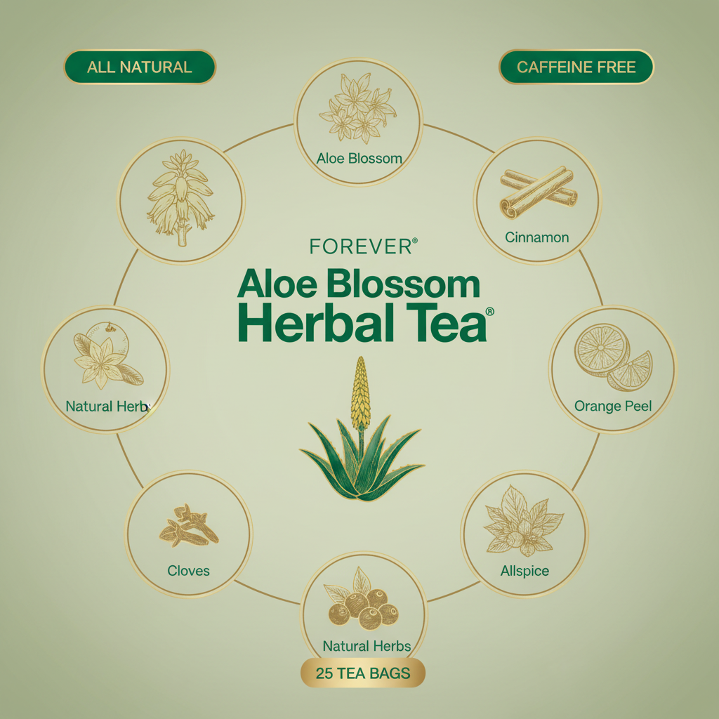 Forever Aloe Blossom Herbal Tea ingredients infographic