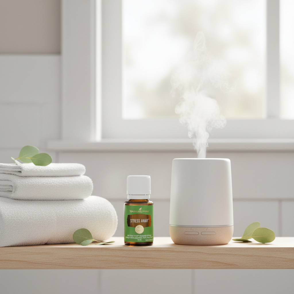 Stress Away essential oil on bathroom shelf with diffuser and morning light