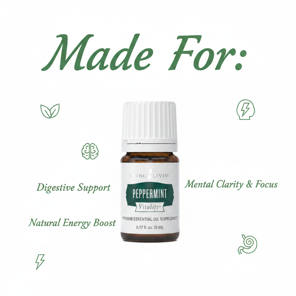 Peppermint Vitality infographic - Made For Digestive Support, Mental Clarity, Energy Boost, Nausea Relief