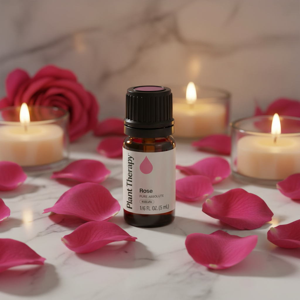 Plant Therapy Rose Pure Absolute on marble with rose petals and candlelight