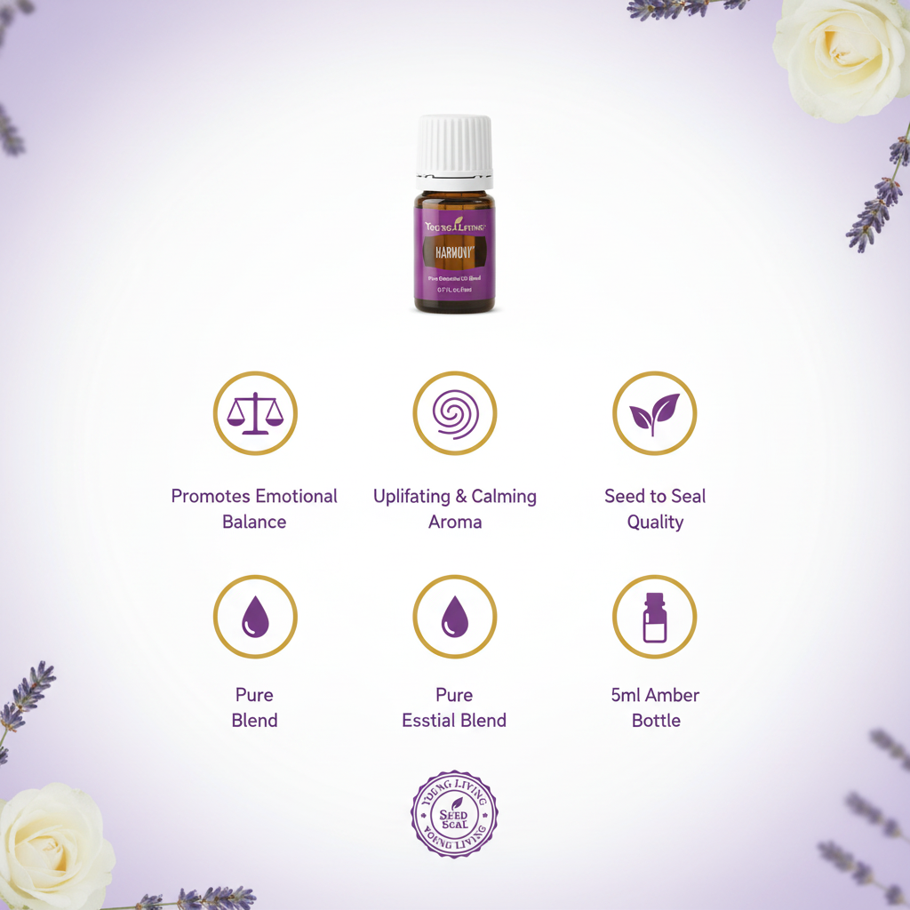 Young Living Harmony essential oil key benefits infographic